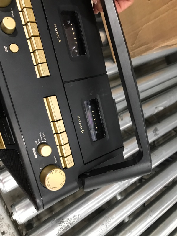 Photo 3 of Jensen MCR-1500 Gold Modern Retro Music System Portable CD/MP3 Cassette Player Stereo Boombox, LCD Display, Compact Dual Cassette Deck Recorder, AM/FM Radio, Bass Boost + Aux in & Headphone Jack