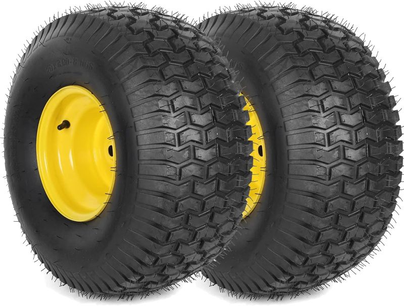 Photo 2 of (2-Pack) 20x8.00-8 Rear Tire and Wheel Assemblies - 4 Ply Tubeless Tire Compatible Replacement for Riding Lawn Mowers - 3/4" Borehole, 3.5" Offset Hub and 3/16" Keyway
