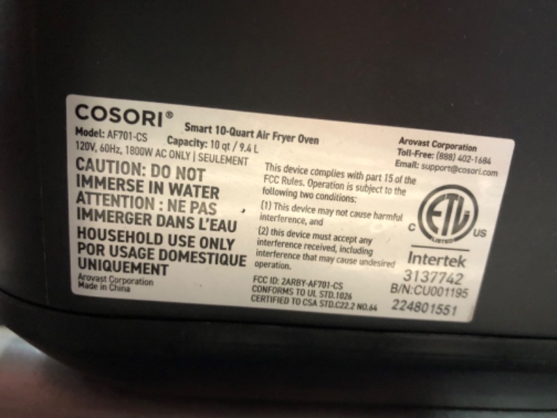 Photo 4 of ***HEAVILY USED AND DIRTY - MISSING NUMEROUS PARTS - POWERS ON - UNABLE TO TEST FURTHER***
COSORI Air Fryer Oven Combo 7 Qt, Countertop Convection (100? to 450?) with Roast, Toast, Bake, Dehydrate, Warm, 7 Accessories and 100 Recipes, Max XL Large for Fam