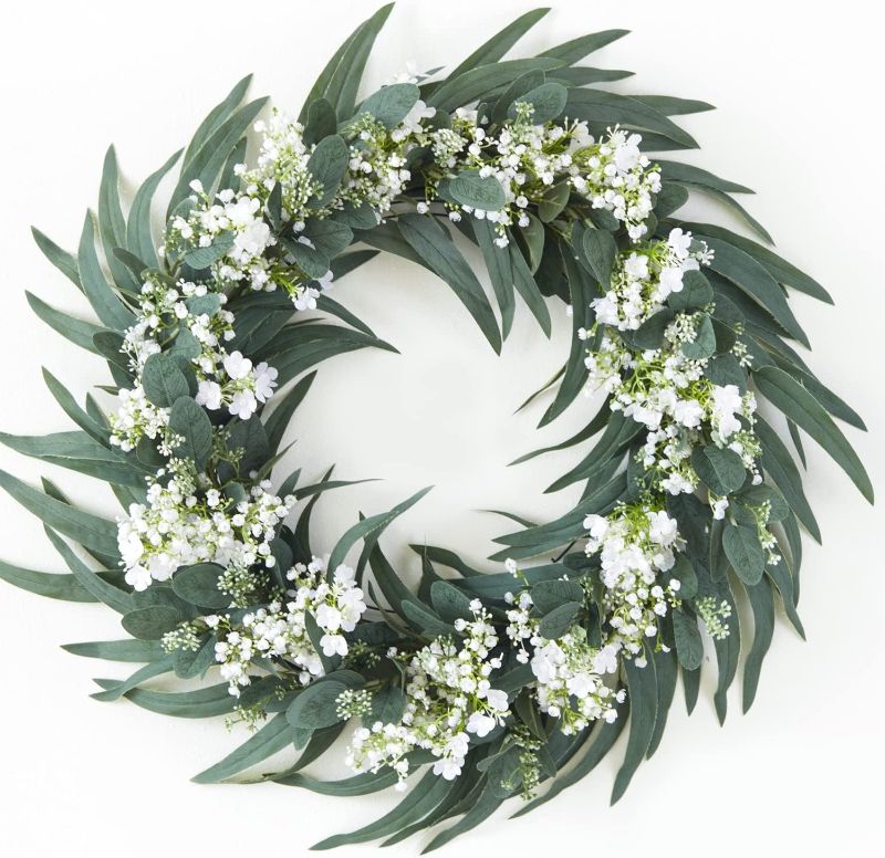 Photo 1 of Anna's Whimsy 24 Inch Spring Gypsophila Eucalyptus Wreath with Leaves and White Flowers for Front Door Porch Window Wall Green Decor Home Farmhouse Wedding- Spring Summer Fall All Seasons
