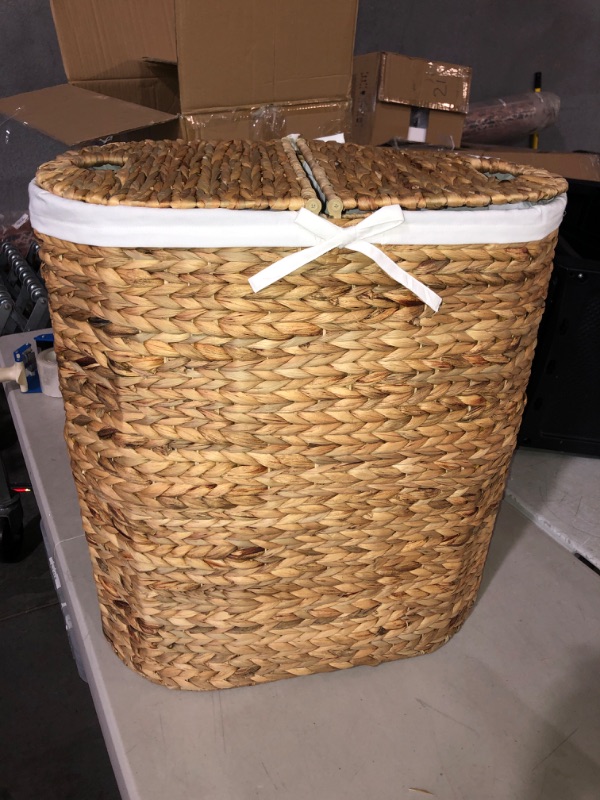 Photo 3 of (NON-REFUNDABLE) Seville Classics Hand Woven Natural Wicker Water-Hyacinth Lidded Oval Double Laundry Hamper,WEB706 Oval Natural Water Hyacinth