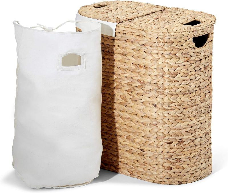 Photo 1 of (NON-REFUNDABLE) Seville Classics Hand Woven Natural Wicker Water-Hyacinth Lidded Oval Double Laundry Hamper,WEB706 Oval Natural Water Hyacinth