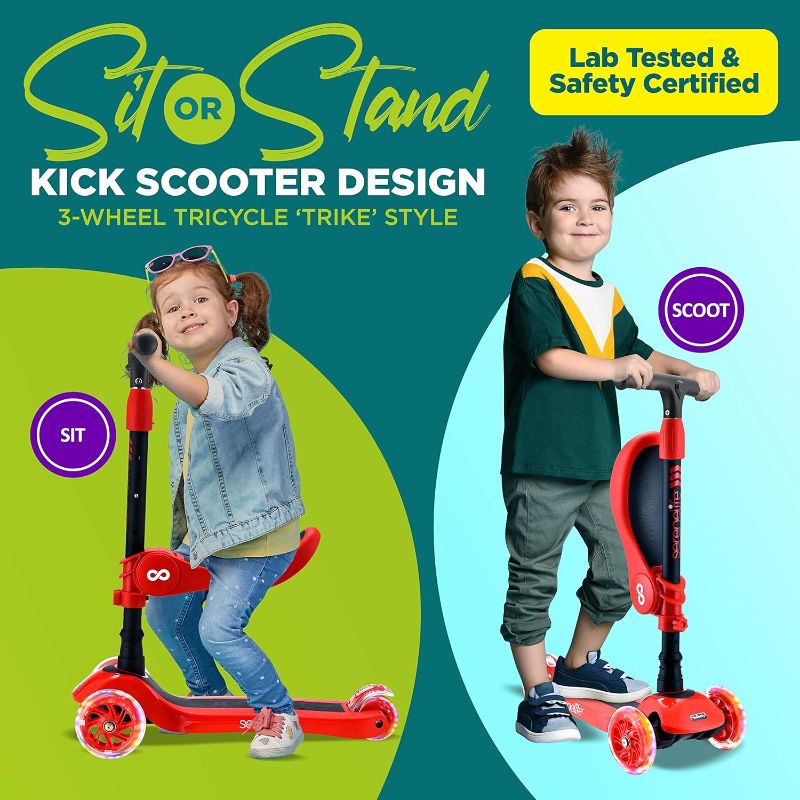 Photo 1 of 3 Wheeled Scooter for Kids - 2-in-1 Sit/Stand Child Toddlers Toy Kick Scooters w/Flip-Out Seat, Adjustable Height, Wide Deck, Flashing Wheel Lights, Great for Outdoor Fun
