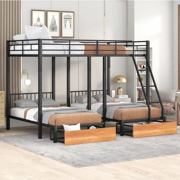 Photo 1 of *BOX 2 OF 2*  Full Over Twin & Twin Bunk Bed, Metal Triple Bunk Bed with Drawers and Guardrails
