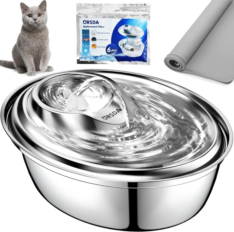 Photo 1 of 2L/67oz Water Fountain for Cat and Small Dog, Stainless Steel Cat Water Dispenser, Ultra-Quiet Pump Pet Water Fountain with Silicone Mat & 5 Replacement Filters