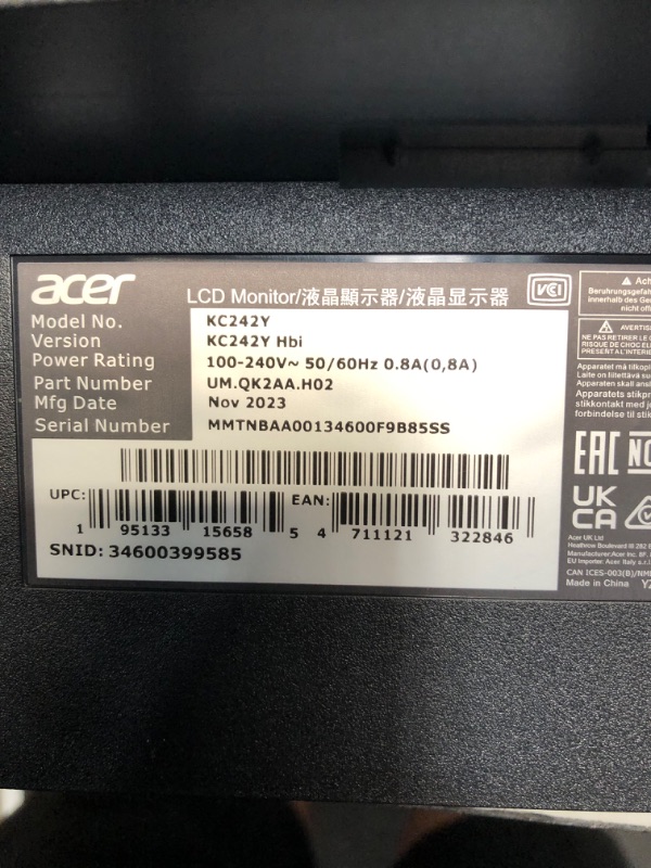 Photo 3 of Acer KC242Y Hbi 23.8" Full HD (1920 x 1080) Zero-Frame Gaming Office Monitor | AMD FreeSync Technology | 100Hz | 1ms (VRB) | Low Blue Light | Tilt | HDMI & VGA Ports 23.8-inch 100Hz