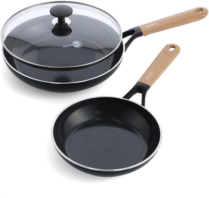 Photo 1 of GreenPan SmartShape Healthy Ceramic Nonstick 3-Piece Frypan Set, PFAS-Free, Dishwasher Safe, Light Wood
