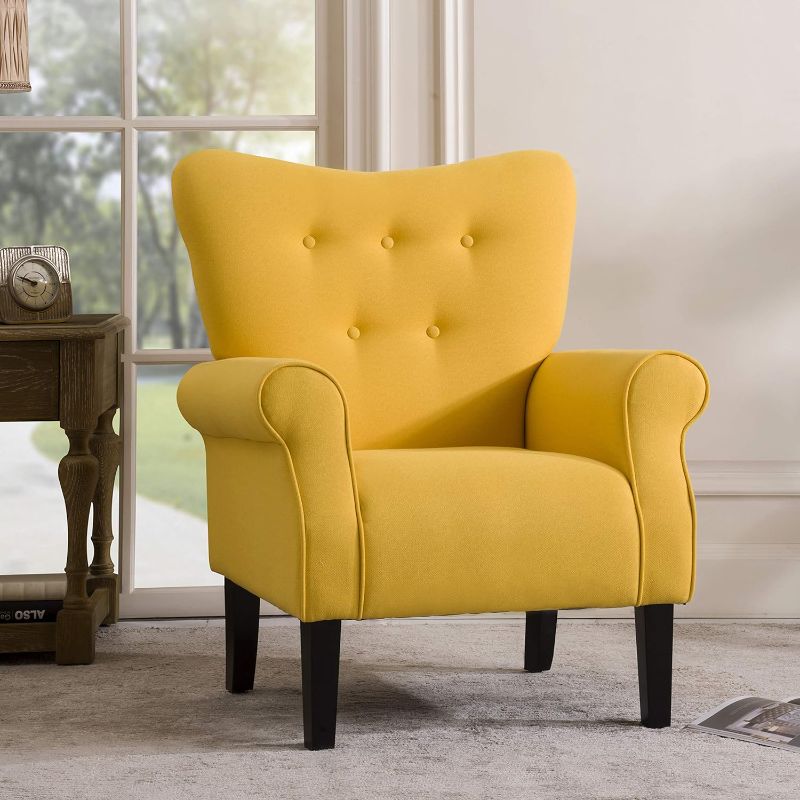 Photo 1 of Merax Modern Upholstered Accent Chair Armchair for Bedroom, Living Room or Office, Linen, Including Thick Cushion and Wooden Legs, Yellow
