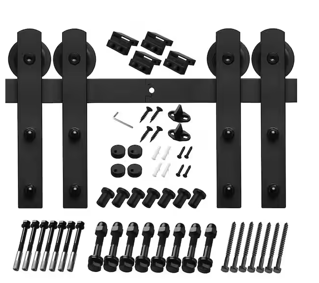 Photo 1 of 10 ft./120 in. Black Steel Straight Strap Sliding Barn Door Track and Hardware Kit for Double Doors with Floor Guide
