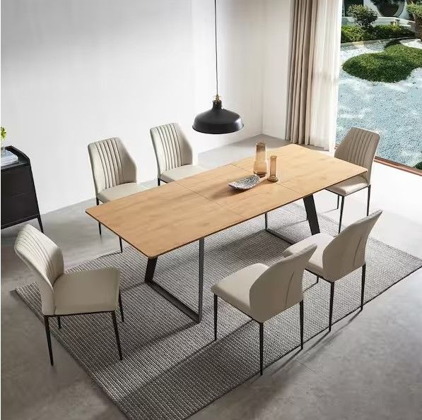 Photo 1 of 7-Piece Set of White Chairs and Oak Rectangular Retractable Dining Table with Carbon Steel Legs and 6 Modern Chairs
