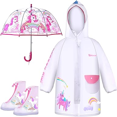 Photo 1 of 3 Pcs Unicorn Umbrella Raincoat Set Clear Ocean Dinosaur Astronaut Rain Shoes Rainwear Umbrella for Kids 5-8 Years
