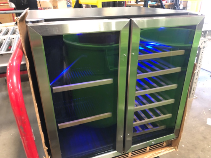 Photo 2 of **SEE NOTES**30" Wine and Beverage Refrigerator - Dual Zone Wine and Beverage Cooler, Under Counter/Freestanding Wine and Beer Fridge Holds 28 Bottles & 90 Cans - Ideal for Home, Bar, and Office-Premium Cooling Stainless Steel Double Door (Glass Door) 30"