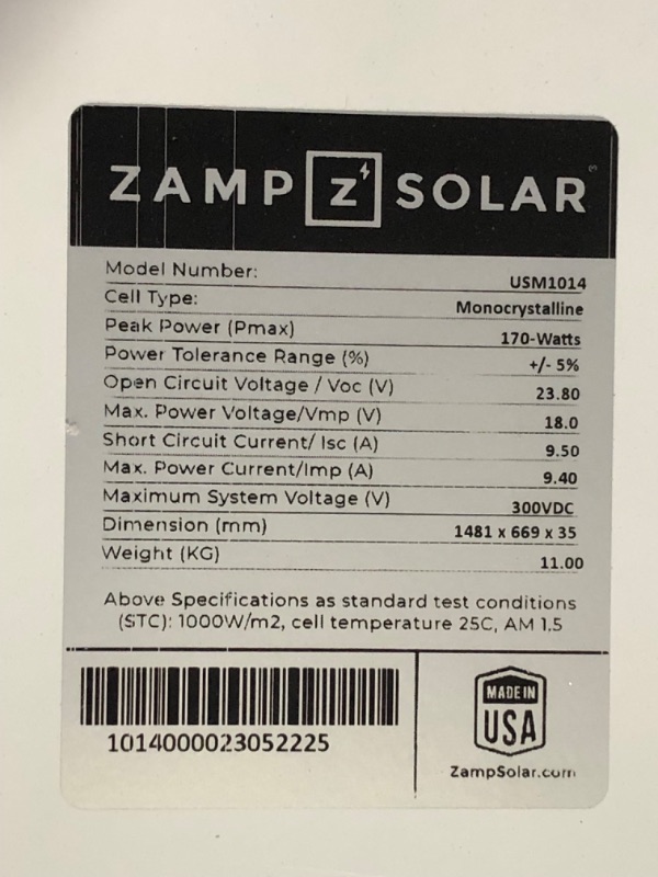 Photo 5 of ***USED - UNABLE TO TEST - NO PACKAGING***
Zamp Solar Legacy Series 170-Watt Roof Mount Solar Panel Expansion Kit. Additional Solar Power for Off-Grid RV Battery Charging - KIT1009