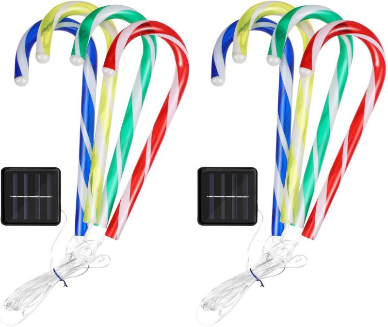 Photo 1 of 2 Sets Christmas Candy Cane Lights Outdoor Solar Path Lights Candy Cane Pathway Markers for Yard Garden Patio Walkway Party Decor, Colorful Light
