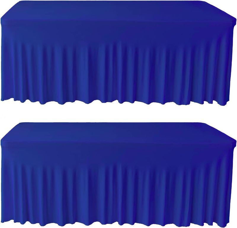 Photo 1 of 2 Pack 6ft Royal Blue Spandex Table Skirt Spandex Tablecloth Stretch Fitted Table Cover for 72Lx30Wx30H Inch Rectangular Table