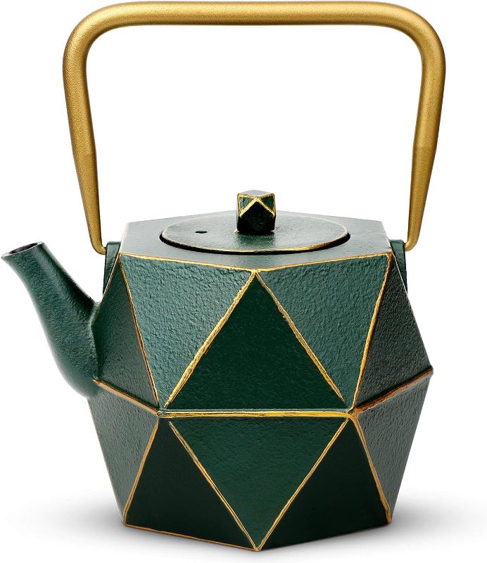 Photo 1 of  Cast Iron Teapot, Stovetop Safe Japanese Cast Iron Tea Kettle, Diamond Design Tea Pot with Removable Infuser for Loose Tea, 30 Ounce (900 ml), Dark Green