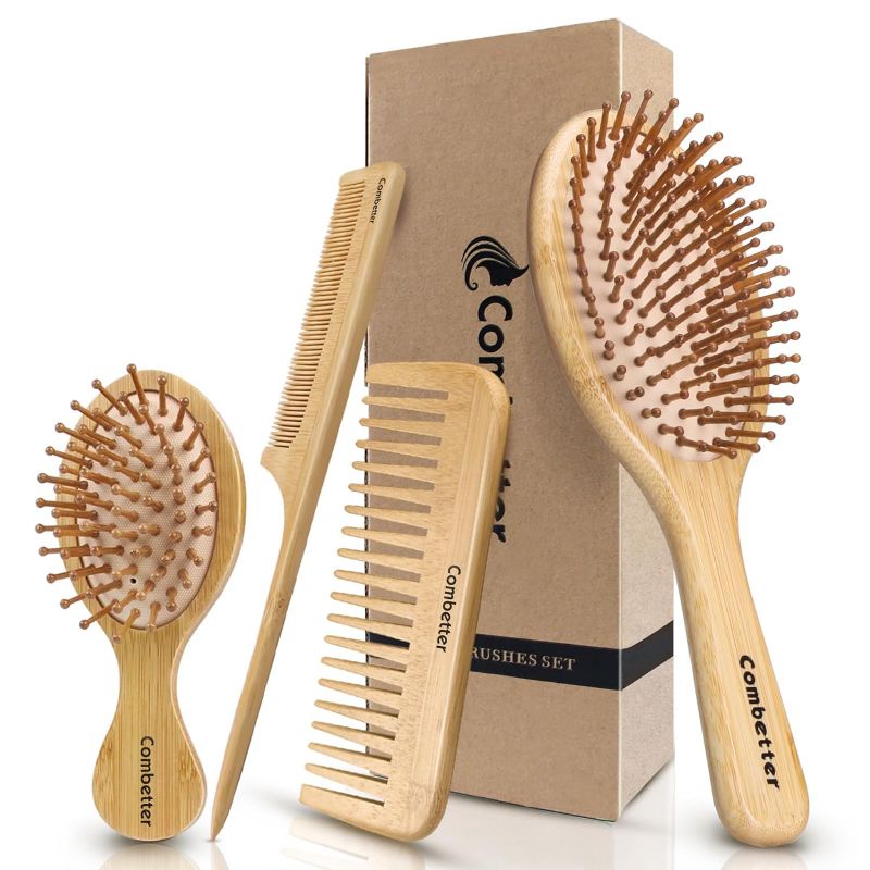 Photo 1 of Bamboo Hairbrush and Comb Set Combetter, Eco-Friendly Natural Paddle Detangler Brush with Scalp Massage, Reducing Frizz&Promoting Healthy Hair Growth
