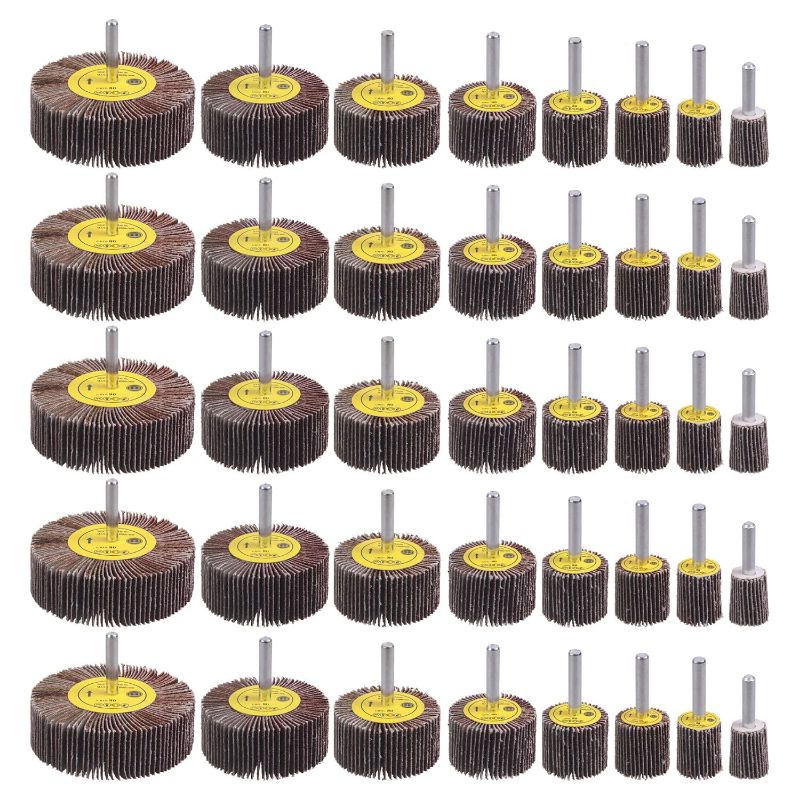 Photo 1 of 40 Pack 1/4" Abrasive Flap Wheel Sander Set, Rocaris 80 Grit Aluminum Oxide Flap Wheels Cylindrical Shape Sanding Wheel, 8 Sizes