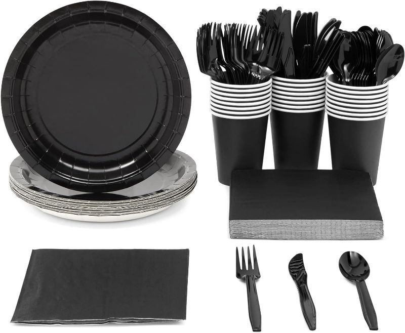 Photo 1 of 144 Piece Black Party Supplies Dinnerware Set with Plates, Napkins, Cups, and Cutlery for Banquets and Graduation (Serves 24)