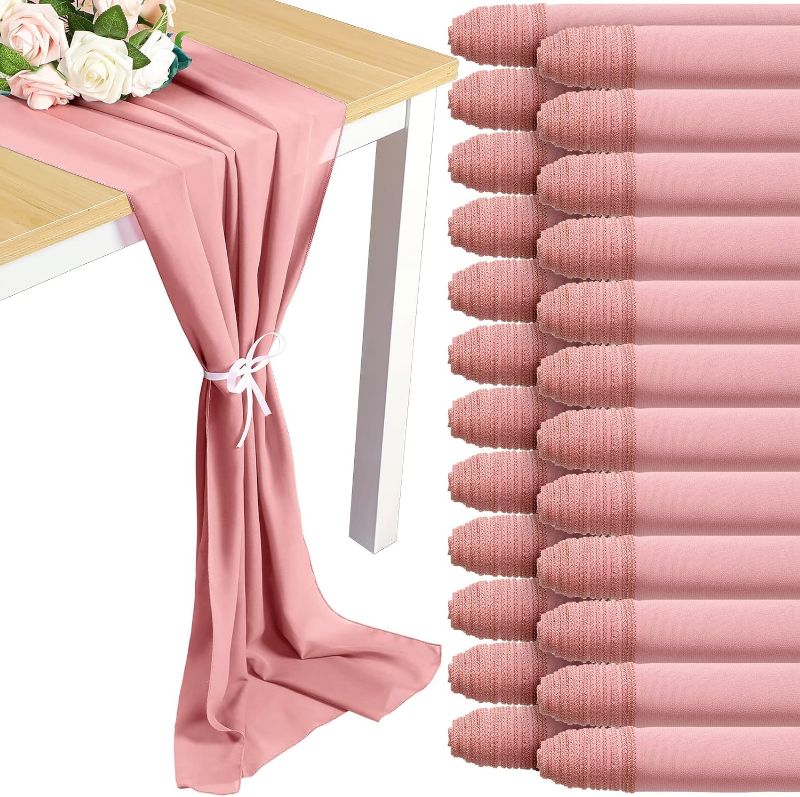 Photo 1 of 24 Pack Chiffon Table Runner Romantic Sheer Blush Table Runners Long Tulle Table Runner Table Decorations for Wedding Bridal Shower Birthday Party Supplies, 120 x 12 Inch (Dusty Rose