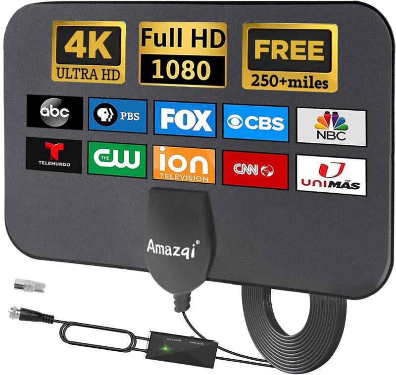 Photo 1 of TV Antenna Indoor - 250+ Miles Long Range, 4K Digital TV Antenna for Local Channels - HD TV Antenna with Signal Amplifier and 16.4FT Coax Cable - Work for All Types TV