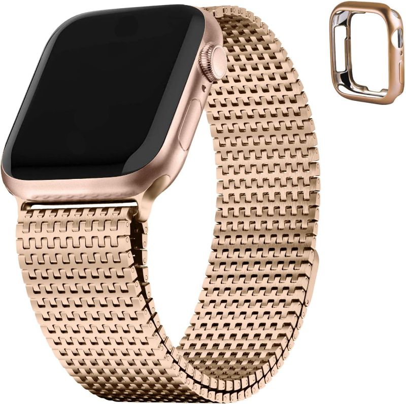 Photo 1 of Fullmosa Compatible Apple Watch Metal Bands 45mm 44mm 42mm, Stainless Steel Mesh Loop Magnetic Clasp iWatch Band with TPU Case for Apple Watch Series 9 8 7 6 5 4 3 2 1 SE SE2 for Men (Rose Gold)