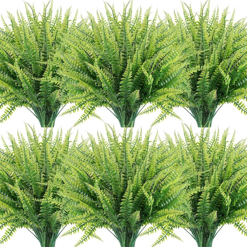 Photo 1 of 12 Bundles Artificial Plants, Fake Boston Fern Greenery Outdoor UV Resistant No Fade Faux Plastic Plants Garden Porch Window Box Decorating