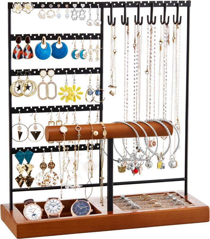 Photo 1 of **SIMILAR TO STOCK PHOTO**
Earring Holder with Wooden Tray, 5-Tier Earring Display Stand with T-Shape Jewelry Organizer Holder and Ring Tray, Great for Storing Earrings Necklaces Bracelets Watches and Rings