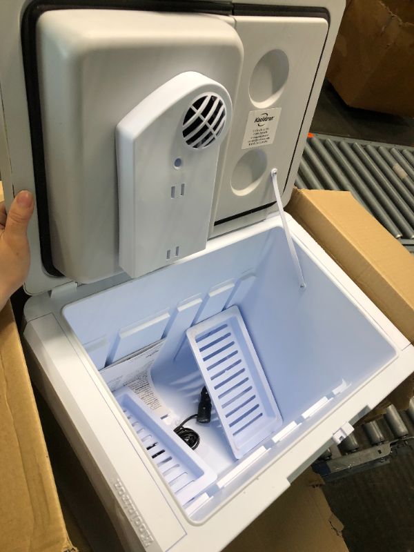 Photo 4 of **FOR PARTS**Koolatron Electric Portable Cooler Plug in 12V Car Cooler/Warmer, 33 qt (31 L),No Ice Thermo Electric Portable Fridge for Camping, Travel Road Trips Trucking with 12 Volt DC Power Cord, Gray/White.