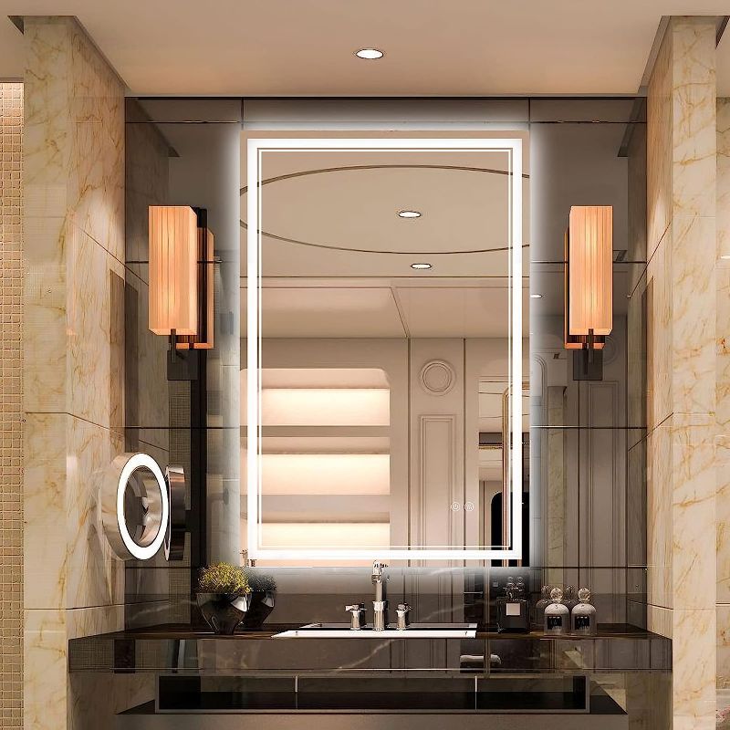 Photo 1 of 24'' x 36'' LED Bathroom Mirror with Backlit + Front 3 Colors Lights Mirrors Smart Wall-Mounted Bathroom Vanity Mirror with Light 3000K-6000K Premium Automatic Anti Fog (Vertical/Horizontal)