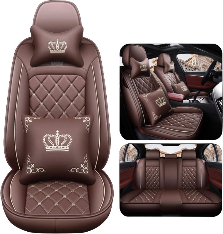 Photo 1 of Lovjoyse Car Seat Covers Full Set,Universal Fit Crown Car Seat Covers Waterproof Anti-Slip Faux Leather Automotive Seat Covers for Cars SUV Pick-up Truck Sedan (Brown+White)