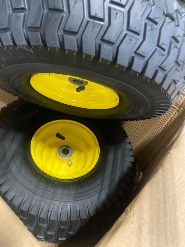 Photo 3 of (2 Pack) AR-PRO Exact Replacement 15" x 6.00 - 6" Front Tire and Wheel Assemblies for John Deere Riding Mowers - Compatible with John Deere 100 and D100 Series - 3” Hub Offset and 3/4” Bushings 15" x 6.00-6" Yellow