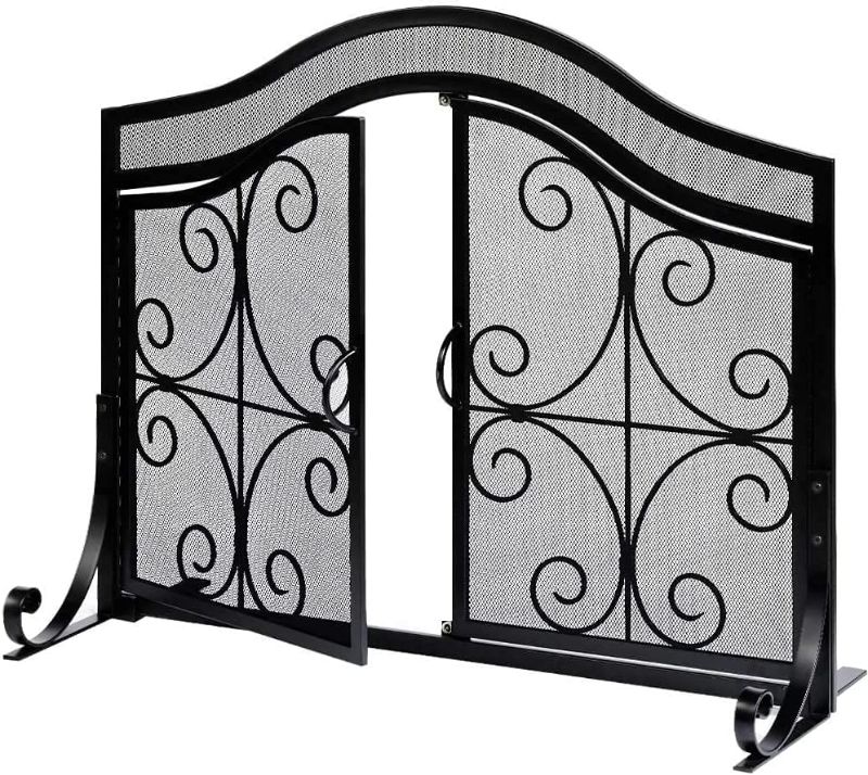 Photo 1 of AMAGABELI GARDEN & HOME Fireplace Screen with Doors Large Flat Guard Fire Screens Outdoor Metal Furnace Fireguards Mesh Solid Wrought Iron Fire Place Panels Wood Burning Stove Accessories Black
