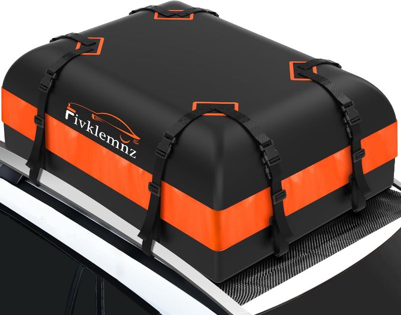 Photo 1 of FIVKLEMNZ Car Rooftop Cargo Carrier Roof Bag Waterproof for All Top of Vehicle with/Without Rack Includes Topper Anti-Slip Mat + Reinforced Straps + 6 Door Hooks + Luggage Lock