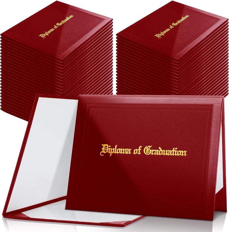 Photo 1 of 50 Pcs Diploma Cover Bulk 8.5 x 11 Inch Imprinted "Diploma of Graduation" Diploma Cover for Certificate Leatherette Padded Graduation Certificate Holder for High School University Grad(Dark Red)