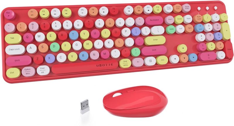 Photo 1 of UBOTIE Colorful Computer Wireless Keyboard Mouse Combos, Typewriter Flexible Keys Office Full-Sized Keyboard, 2.4GHz Dropout-Free Connection and Optical Mouse (Red-Polychrome)