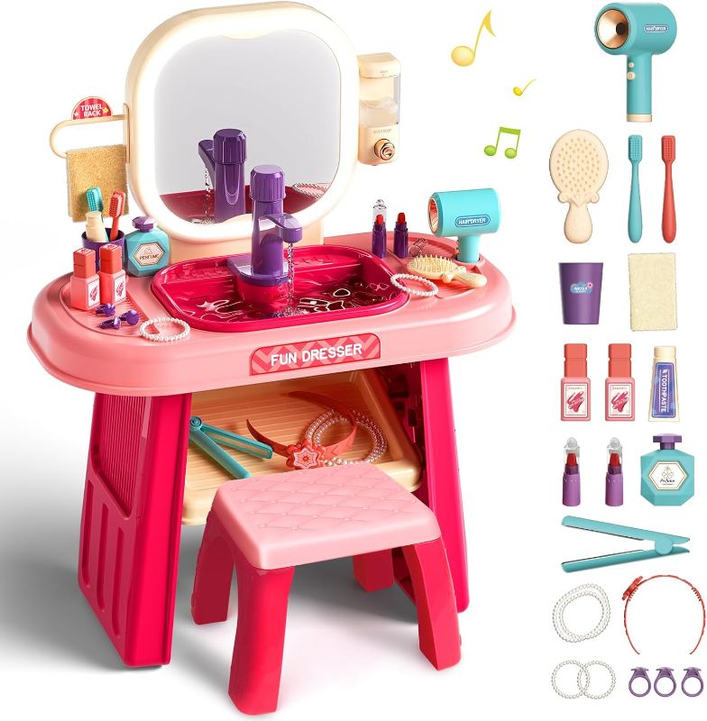 Photo 1 of ***DAMAGED***
Pretend Play Girls Makeup Table Set with Stool,Kids Vanity Set with LED Lighted Mirror and Music?Toddler Beauty Salon Set with Makeup Accessories & Washbasin,Girls Vanity for Toddlers 3-5 Years Old