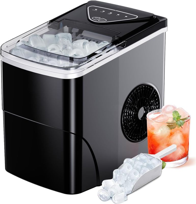 Photo 1 of Ice Makers Countertop, 9 Cubes Ready in 6 Mins, 26lbs in 24Hrs, Self-Cleaning Ice Machine with Ice Scoop and Basket, 2 Sizes of Bullet Ice for Home Kitchen Office Bar Party, Black