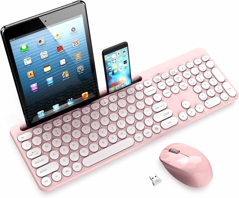 Photo 1 of LeadsaiL Wireless Keyboard and Mouse Combo, Full-Sized Ergonomic Computer Keyboard with Phone Tablet Holder, 2.4GHz Silent Cordless Keyboard Mouse Set for Windows Laptop, PC, Desktop - Pink