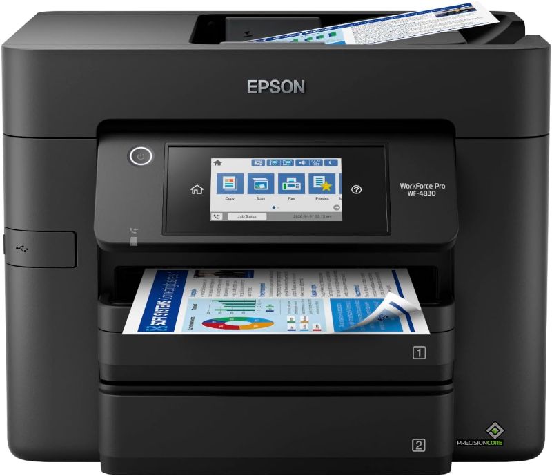 Photo 1 of Epson Workforce Pro WF-4830 Wireless All-in-One Printer with Auto 2-Sided Print, Copy, Scan and Fax, 50-Page ADF, 500-sheet Paper Capacity, and 4.3" Color Touchscreen, Works with Alexa, Black, Large
