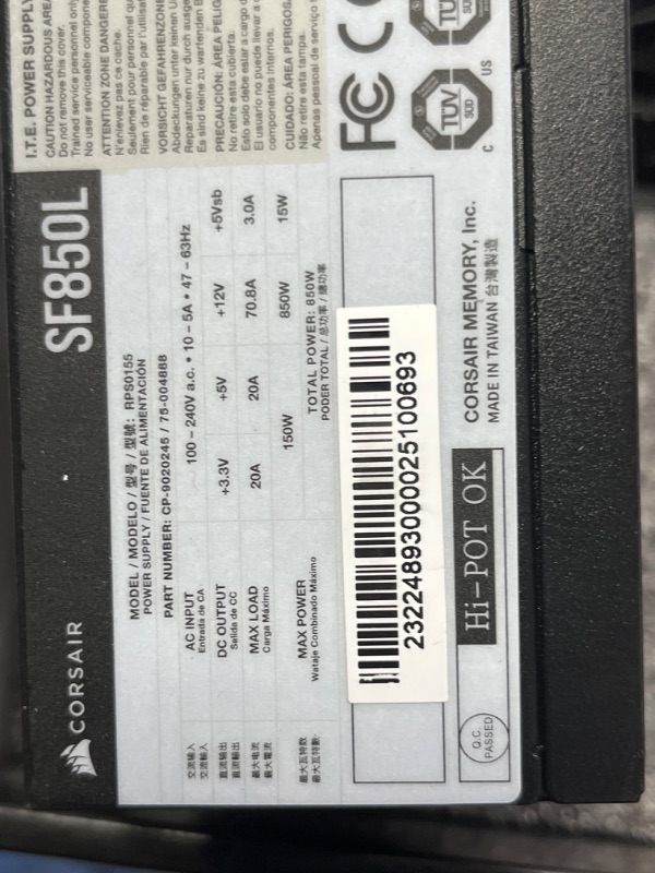 Photo 3 of Corsair SF850L Fully Modular Low-Noise SFX Power Supply - ATX 3.0 & PCIe 5.0 Compliant - Quiet 120mm PWM Fan - 80 Plus Gold Efficiency - Zero RPM Mode - 105°C-Rated Capacitors - Black SFX-L 850 Watts