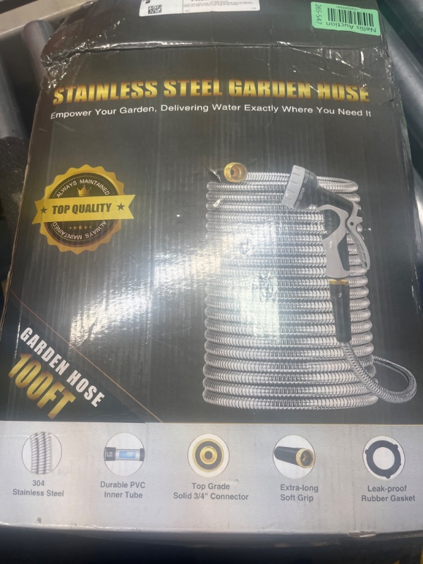 Photo 2 of **** SELLING AS PARTS*****
 Metal Garden Hose 100ft, Flexible Metal Hose With 10 Function Nozzle, 3/4" Universal Fittings, 2024 Version Durable and Leak Proof 100ft Water Hose, No Kinks Garden Hose for Yard Outdoor RV. 100FT Silver