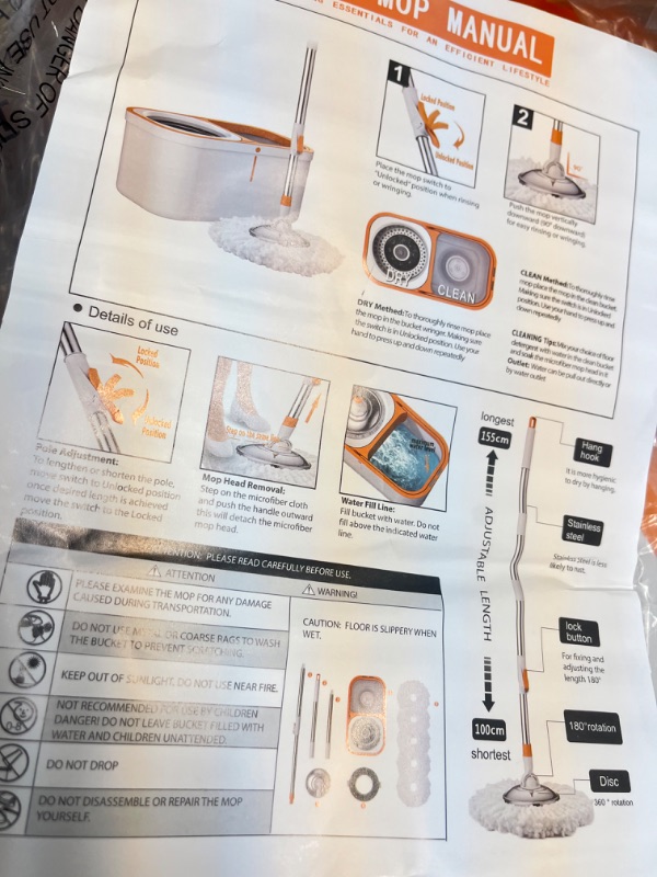 Photo 2 of Floor Spin Mop and Bucket Set with Wringer System Extended Stainless Steel Handle 61?for Home Floor Cleaning Use with 5 Replacement Head Refill and 1 Cleaning Brush Head White & Orange