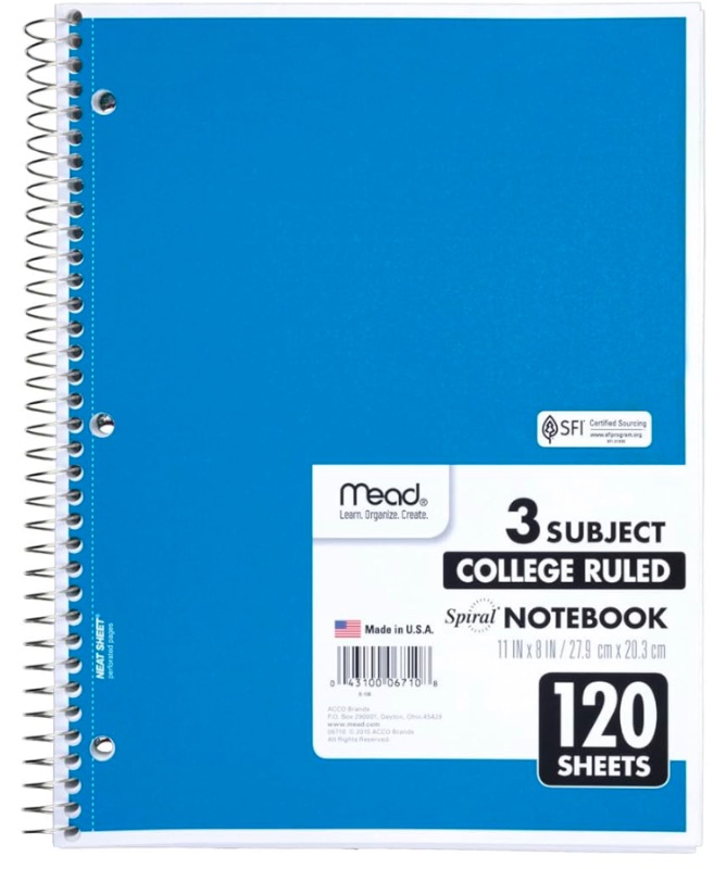 Photo 1 of Mead Spiral Notebook, 3-Subject, College Ruled Paper, 8" x 11", 120 Sheets per Notebook