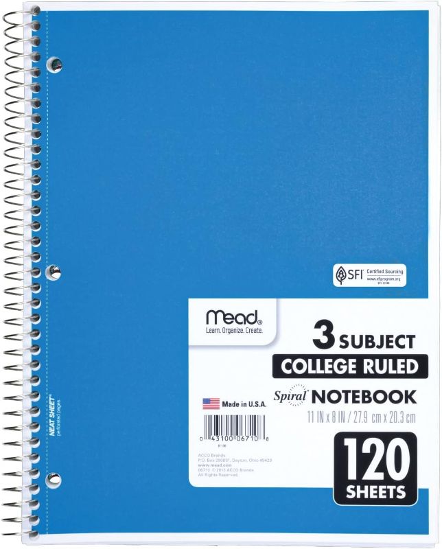 Photo 1 of Mead Spiral Notebook, 3-Subject, College Ruled Paper, 8" x 11", 120 Sheets per Notebook