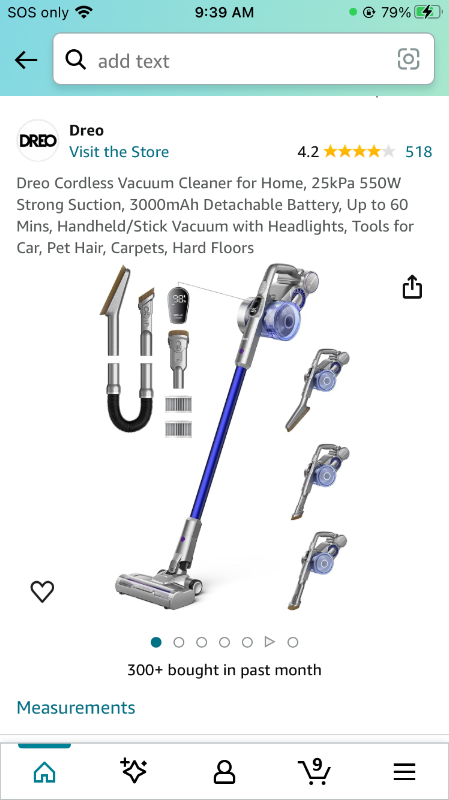 Photo 1 of Dreo Cordless Vacuum Cleaner for Home, 25kPa 550W Strong Suction, 3000mAh Detachable Battery, Up to 60 Mins, Handheld/Stick Vacuum with Headlights, Tools for Car, Pet Hair, Carpets, Hard Floors ***USED***FOR PARTS ONLY***AS IS ALL SALES ARE FINAL***