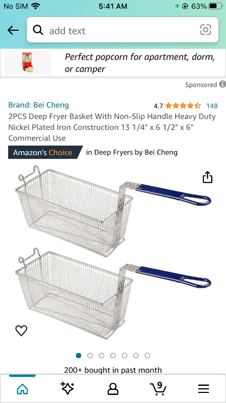 Photo 1 of 2PCS Deep Fryer Basket With Non-Slip Handle Heavy Duty Nickel Plated Iron Construction 13 1/4" x 6 1/2" x 6" Commercial Use