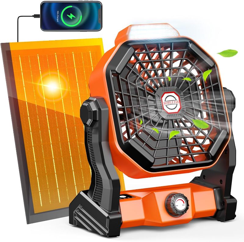 Photo 1 of 10800mAh Solar Camping Fan, 9-Inch Rechargeable Fan with 7w Solar Panel, Battery Operated Powered Fan, Solar Powered Fan & Led Lantern, Outdoor Tent Fan for Camping Essentials Accessories