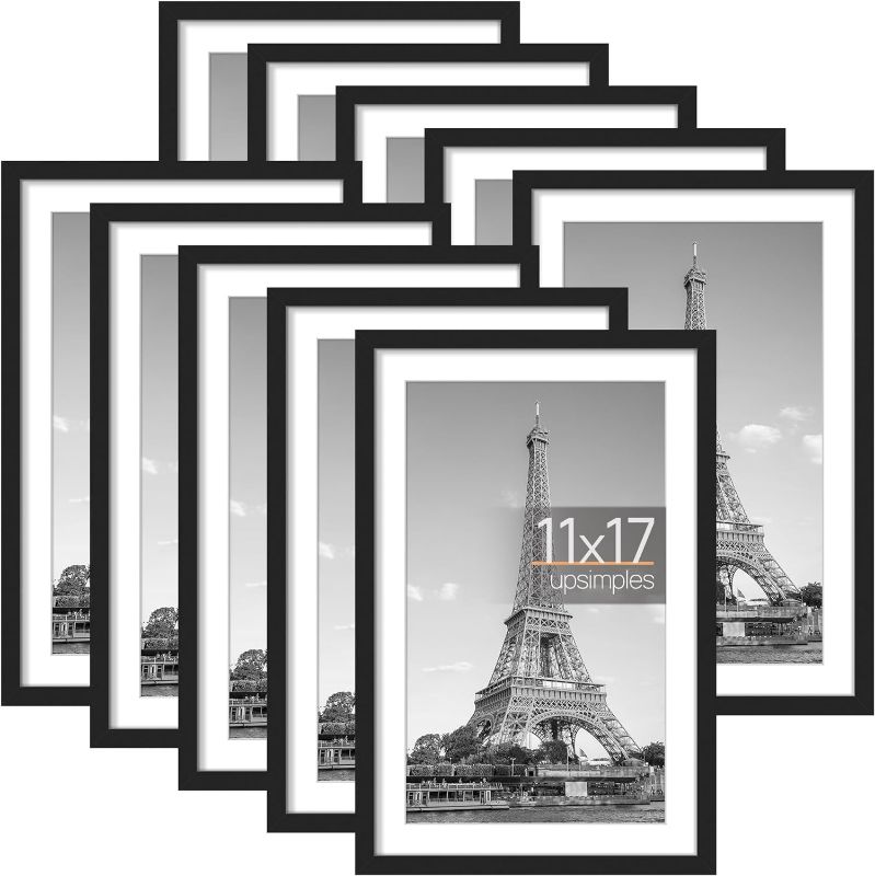 Photo 1 of 11x17 Picture Frame Set of 10, Display Pictures 9x15 with Mat or 11x17 Without Mat, Multi Photo Frames Collage for Wall Display, Black
