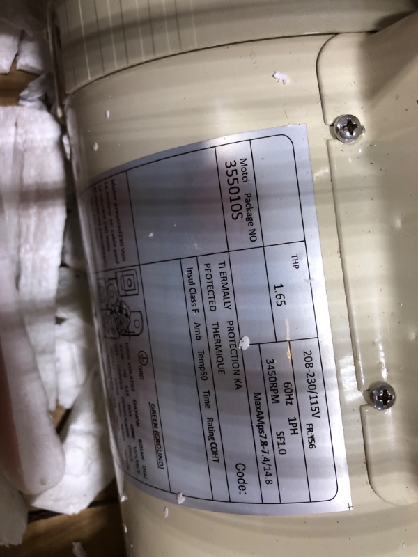 Photo 3 of 355010S Energy Efficient Replacement Motor Compatible with WhisperFlo High Performance Pool Pumps WFE-4 & WFE-26, 1 Speed, SF/WF, 1 Horsepower, 115/208-230 Volts, Replace for 071314S, 355010S ***USED***FOR PARTS ONLY****AS IS NO RETURNS***ALL SALES ARE FI